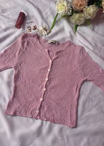 Pink Ribbed Button-Up Cropped Top