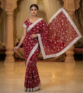 Red Sequin Embroidered Saree & Blouse