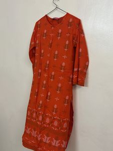 Vibrant Orange Kurta with Floral Print