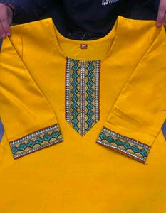 Bright Yellow Kurta with Embellished Neckline