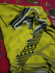 Vibrant Yellow Saree with Black Print