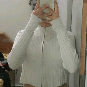 White Ribbed Zip-Up Sweater