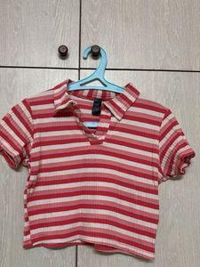 Striped Cropped Collared Top