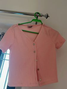 Cute Pink Ribbed Button-Up Top