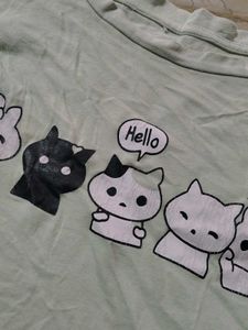 Mint Green Cute Cat Graphic Oversized T-Shirt