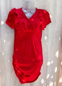 Elegant Red Ruched V-Neck Party Dress
