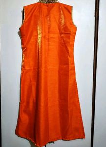 Women Orange Mirror Work Neck Embroidered Kurta