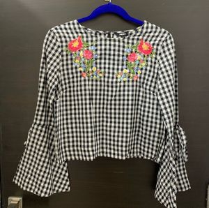 Chic Gingham Embroidered Bell Sleeve Top