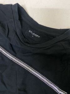 Black Casual T-Shirt with Stripe Detail