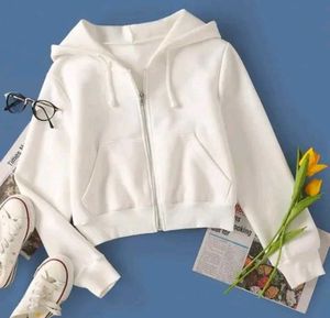 White Cropped Zip-Up Hoodie
