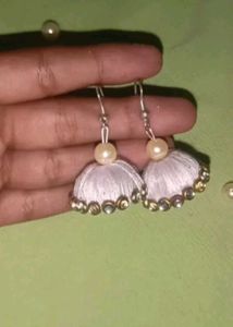 White Silk Thread Jhumka Earrings