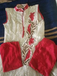 Elegant White Anarkali Gown with Red Embroidery