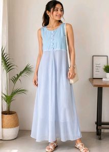 Light Blue Sleeveless long middle cut kurti