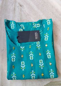 Teal Kurta with Print & Mirror Work
