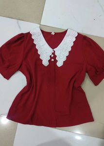 Chic Red Lace Collar Top