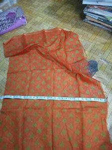 Orange Printed Saree with Tassels &amp; Blouse Piece