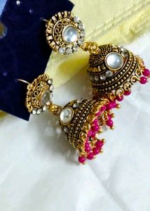 Gold Jhumka Earrings with Pink Beads