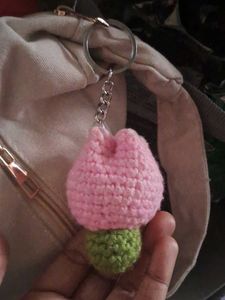 Crocheted Pink Tulip Keychain