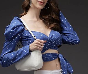 Blue Polka Dot Wrap Crop Top