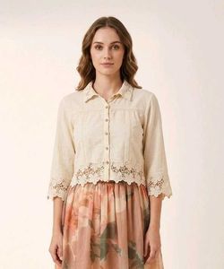 Boho Lace Trim Cropped Shirt