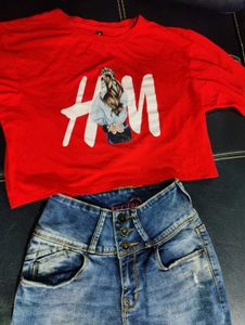 Red H&amp;M Graphic Crop Top &amp; Ripped Jeans Set
