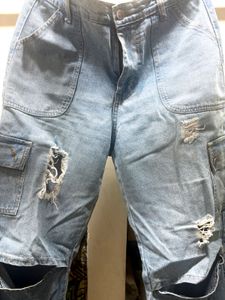 Distressed Cargo Jeans with Knee Cutouts