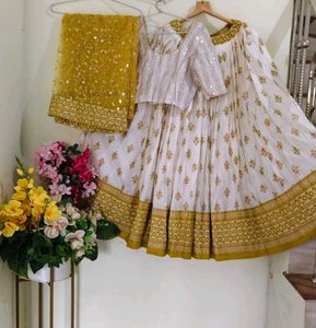 Elegant White &amp; Gold Lehenga Set