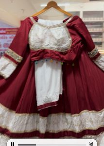 Maroon &amp; White Embroidered Lehenga Choli