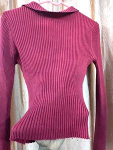 Maroon Ribbed Knit Polo Top