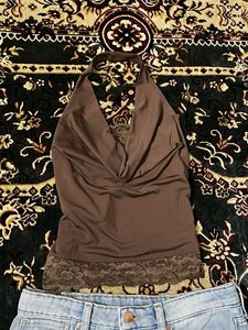 Brown Halter Neck Lace Trim Top (New)