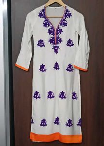 Elegant White Kurta with Purple Embroidery
