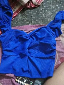 Blue Ribbed Twist Front Crop Top