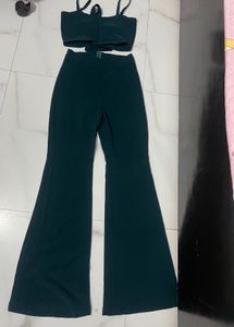 high waist Chic Green Crop Top & Flared Pants Set