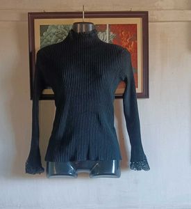 Black Ribbed Turtleneck with Lace Trim
