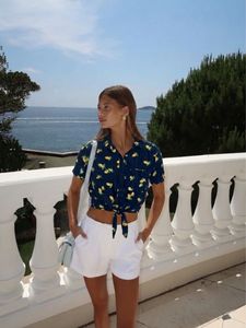 Summer Lemon Print Tie Up Crop Top