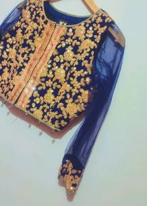 Navy Blue Top &amp; Golden Skirt Set Without Dupatta