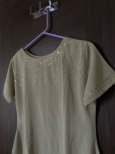 Light Green Cream Beaded Designer Top For Ladies