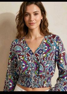 Boho Print V-Neck Smocked Waist Top