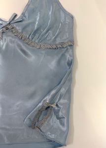blue satin lace cami top