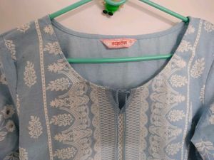 Blue Embroidered Cotton Kurta