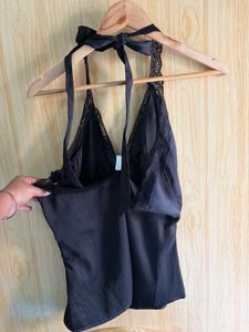 Newme Black Satin Lace Halter Top