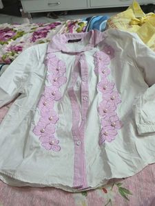White & Pink Floral Embroidered shirt for ladies