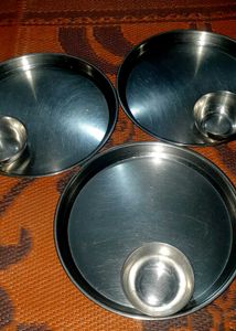 Set of 3 Stainless Steel Thali Plates with Bowls