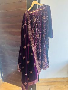 Velvet Embroidered Kurta with Shawl