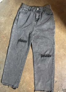Grey Distressed Wide Leg Jeans