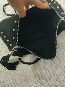 Black Studded Clutch Bag with Tassels