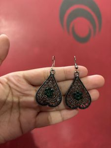 Beautiful Oxidised Silver &amp; Green Earrings