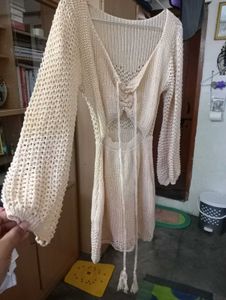 Lace-Up Front Crochet Long Sleeve Dress