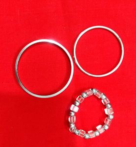 Silver Bangle & Beaded Bracelet Set