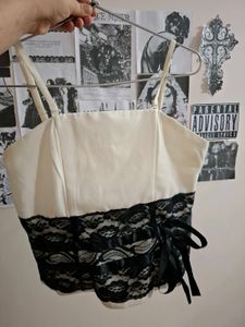 Coquette Cream Corset Top with Black Lace Trim🖤
